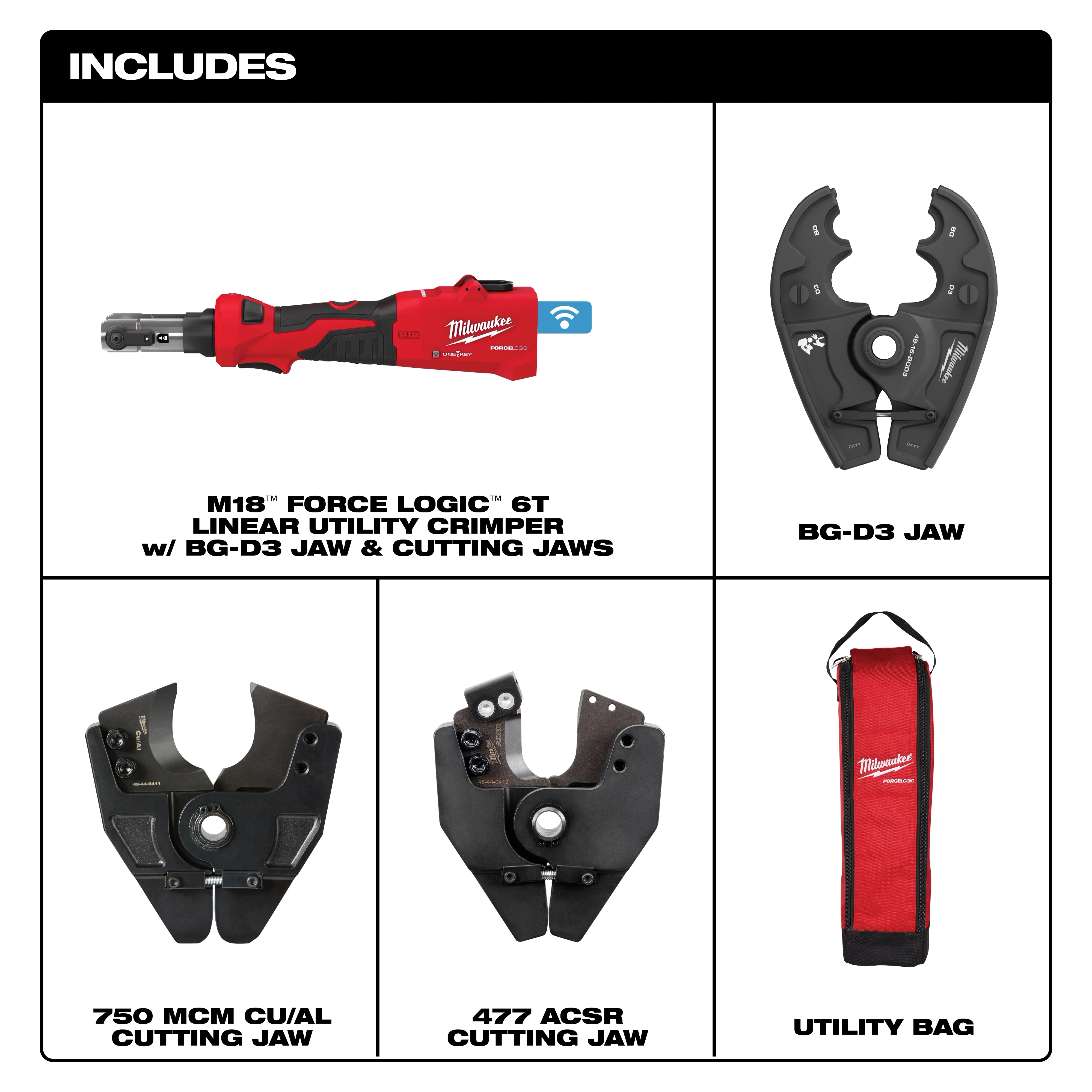 The M18™ FORCE LOGIC™ 6T Linear Utility Crimper w/ BG-D3 and Cutting Jaws includes the crimper tool, BG-D3 jaw, 750 MCM CU/AL cutting jaw, 477 ACSR cutting jaw, and a utility bag. The tool is red and black with a textured grip and features blue wireless connectivity.