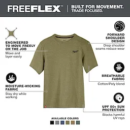 FREEFLEX Hybrid Work Tee - Short Sleeve in olive color, features moisture-wicking, breathable fabric, forward shoulder design, and UPF 50+ sun protection.