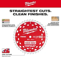 10-1/4" 40T Thick Kerf Finish Circular Saw Blade centered with text and small feature callout boxes around it.