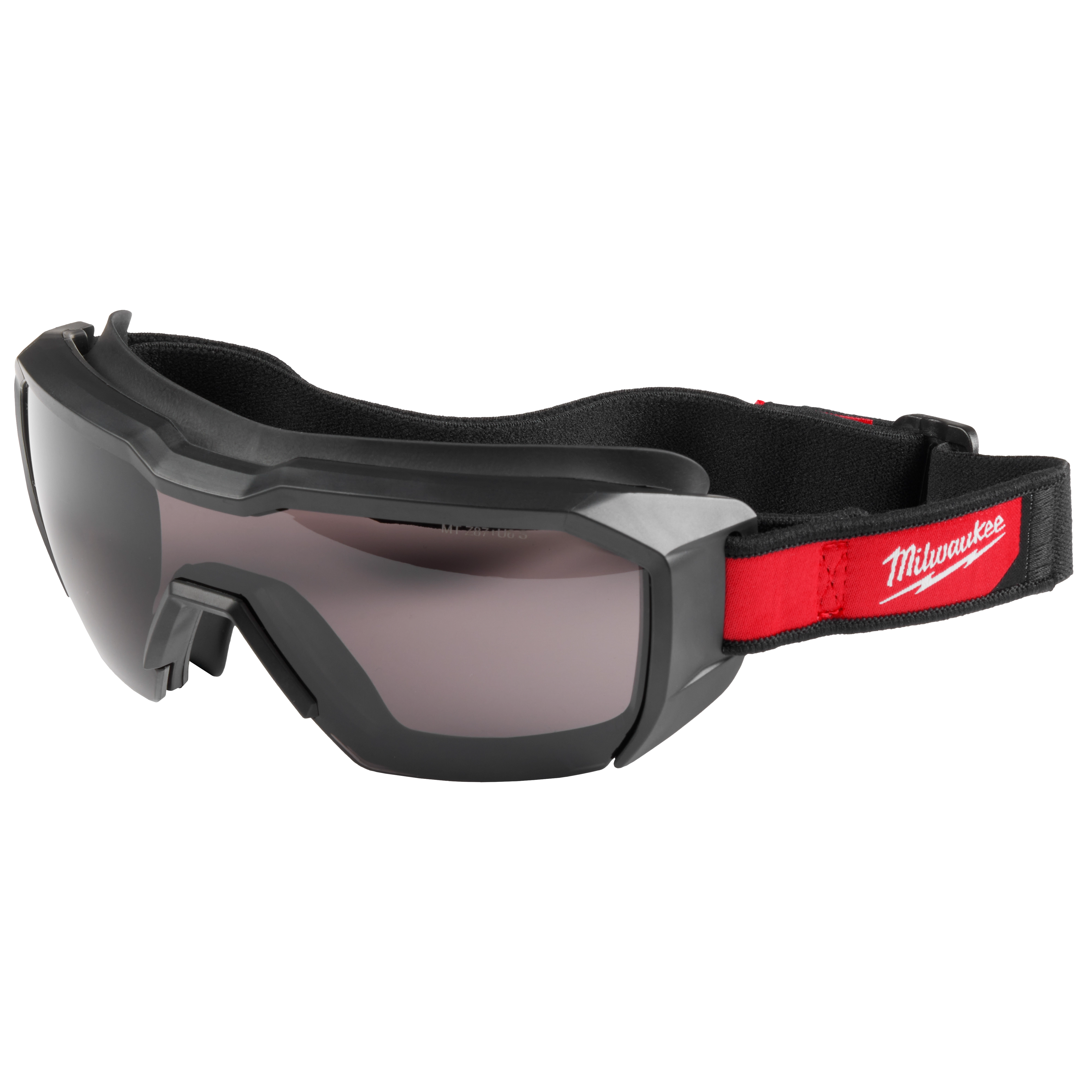 Vented Low-Profile Goggles - Tinted Dual Coat Lens with black frame and adjustable red strap.