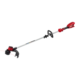 The M18™ Brushless String Trimmer displays a long, silver shaft with a red handle and motor housing. A black and red trimming head with a guard and spool of line is attached at the end. The trimmer features a front handle for support and ergonomic use.