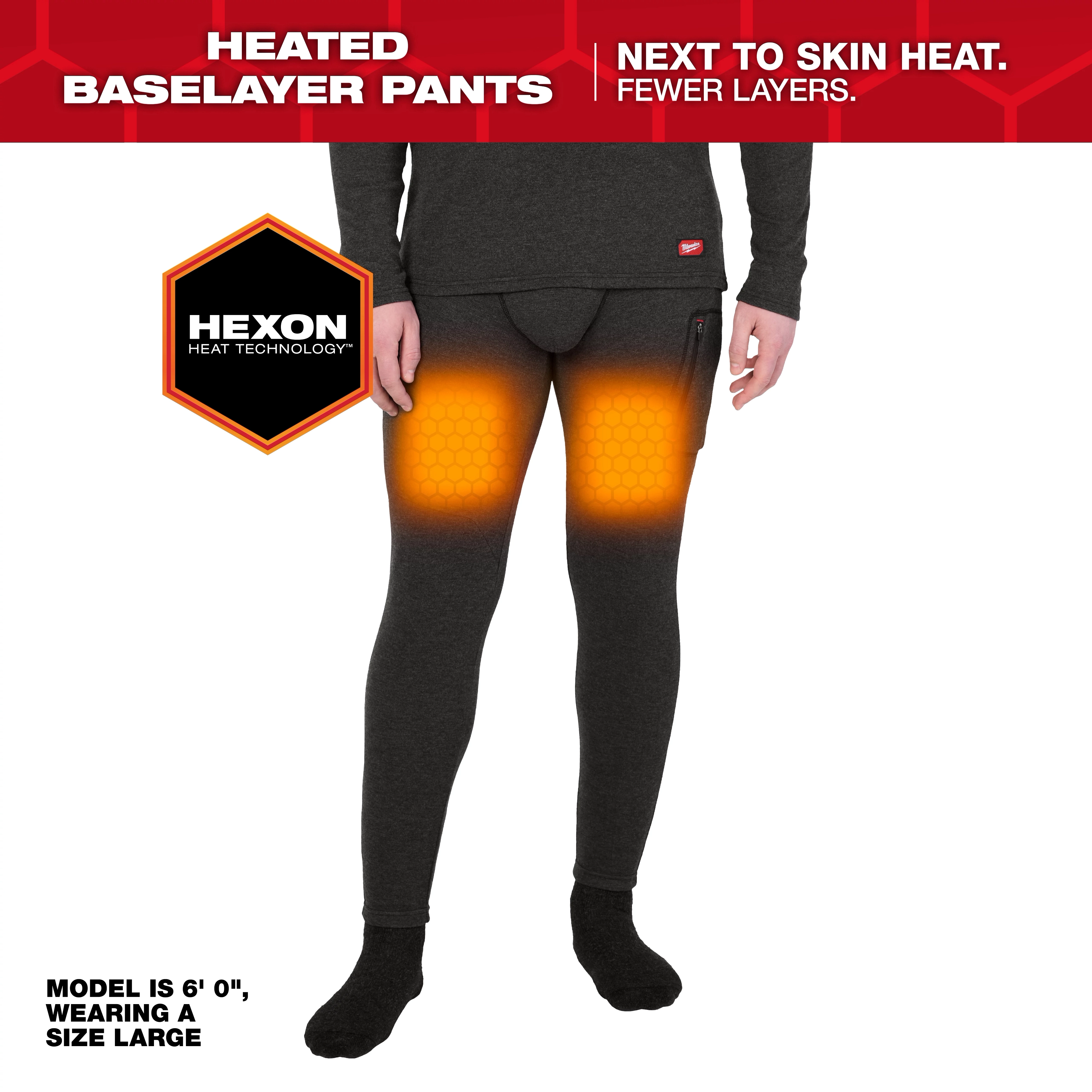 Model wearing Milwaukee Heated Merino Wool Baselayer Pants with glowing heated thigh panels.