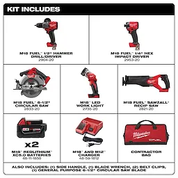The M18 FUEL 5-Tool Combo Kit, includes a 1/2" hammer drill/driver, 1/4" hex impact driver, 6-1/2" circular saw, LED work light, Sawzall® reciprocating saw, two XC5.0 batteries, charger, and contractor bag. Additional accessories are a side handle, blade wrench, belt clips, and circular saw blade.