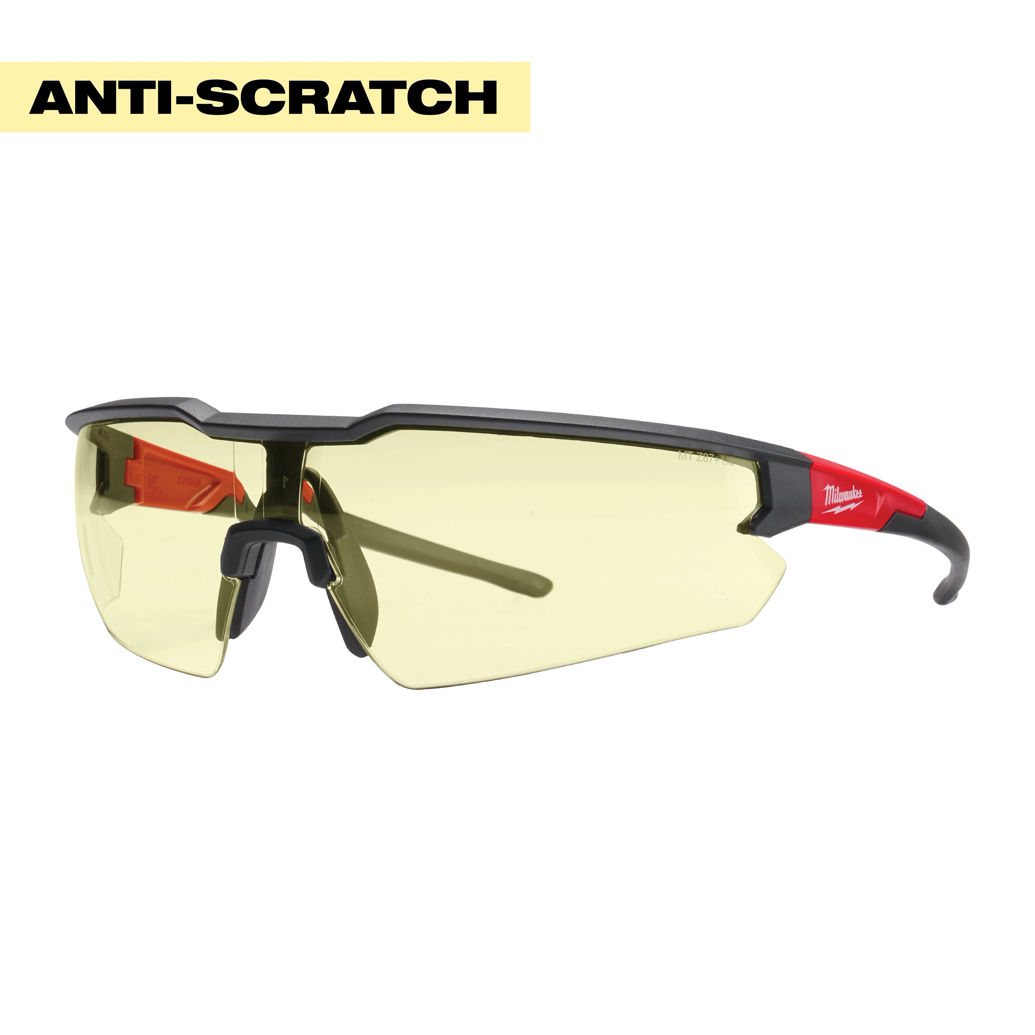 Safety Glasses - Anti-Scratch Lenses (Yellow) with black and red frame, featuring yellow tinted lenses and anti-scratch properties.