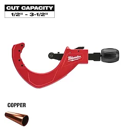 The Milwaukee copper pipe cutter in red with a black adjustment knob. It has a cut capacity range of 1/2 inch to 3-1/2 inches.