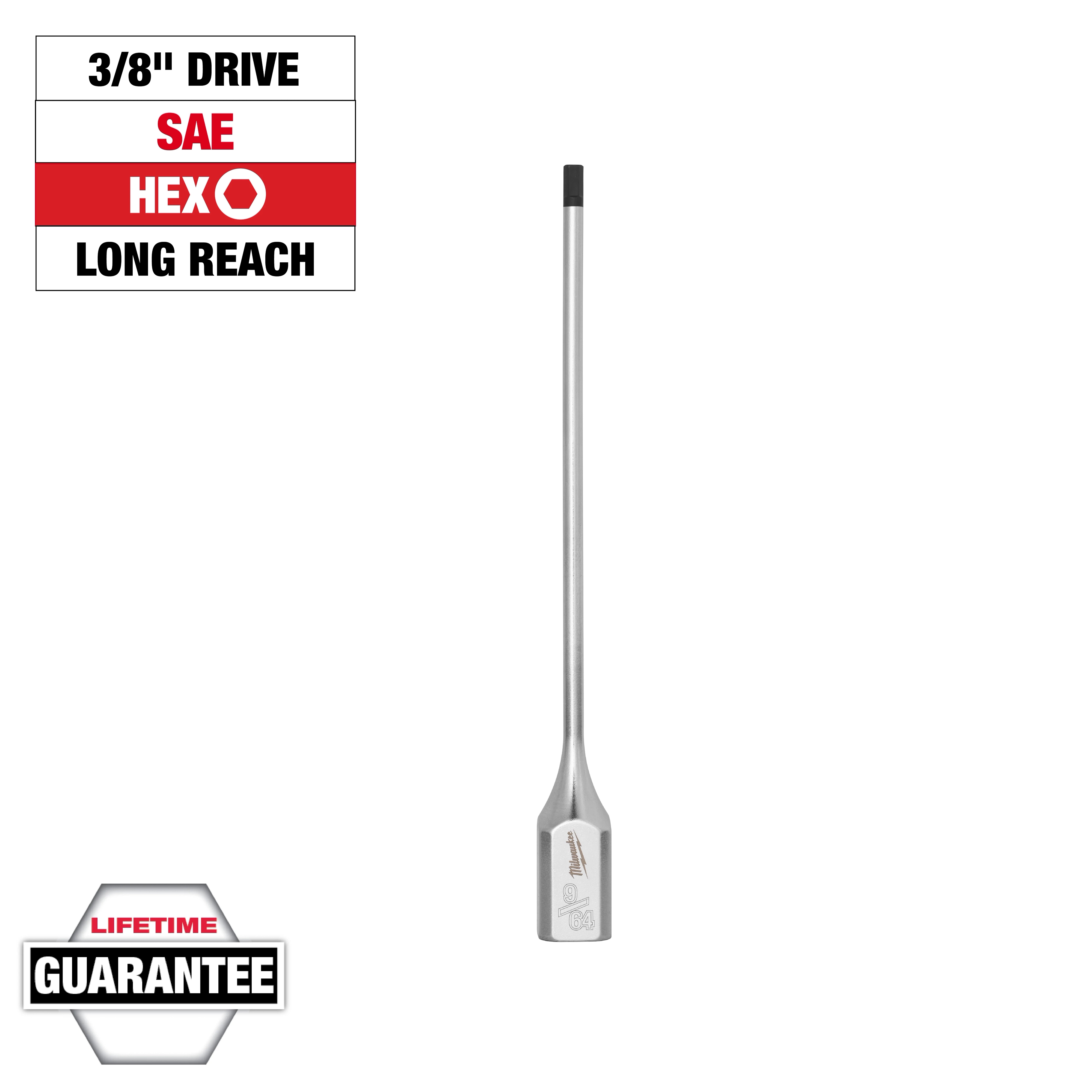 3/8" Drive 9/64" Long Hex Bit Socket with long reach, labeled SAE and HEX, featuring a lifetime guarantee label.