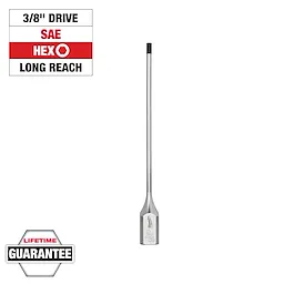 3/8" Drive 9/64" Long Hex Bit Socket with long reach, labeled SAE and HEX, featuring a lifetime guarantee label.