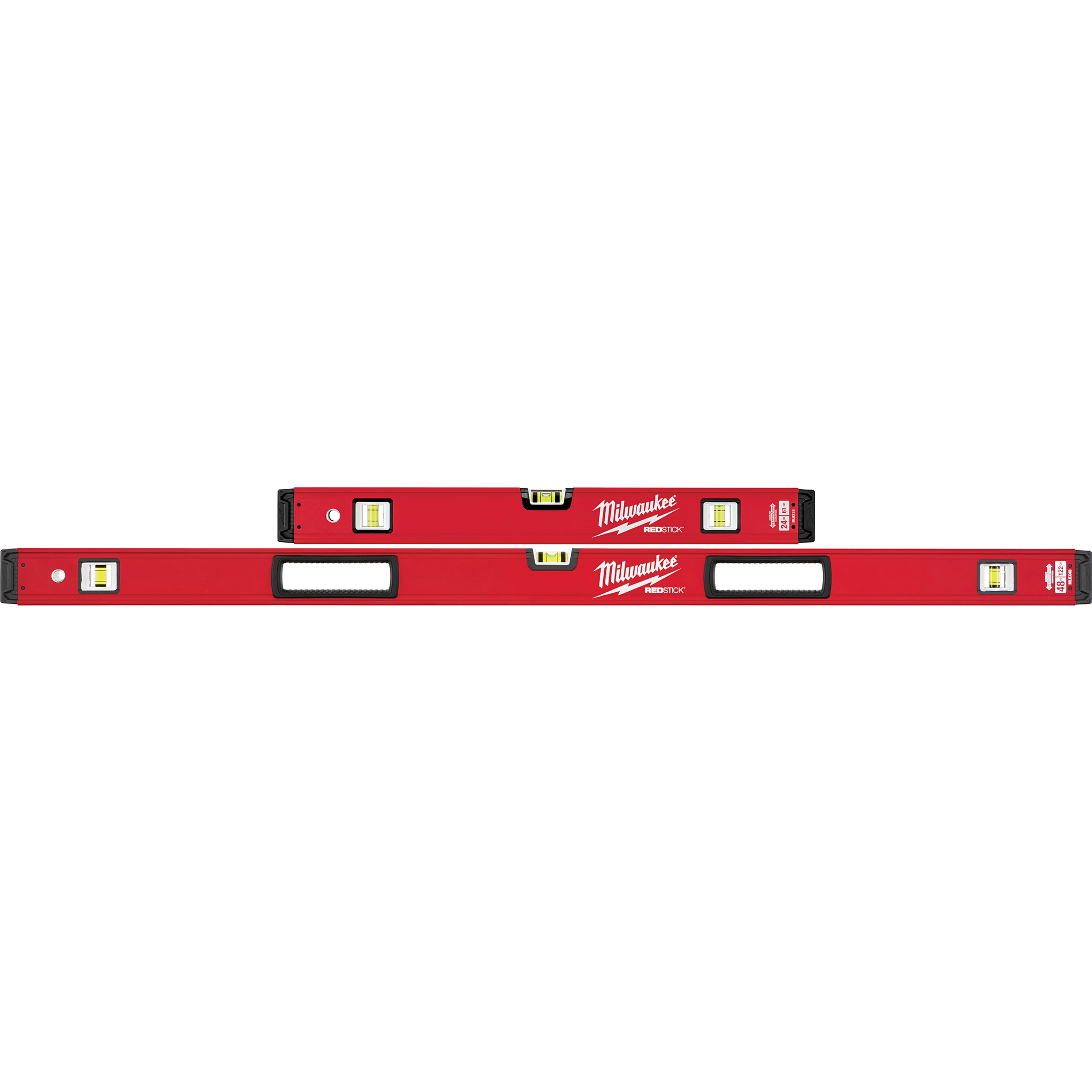 Red, double-view, magnetic REDSTICK Level with three bubble vials and black end caps. Product name displayed in white text.