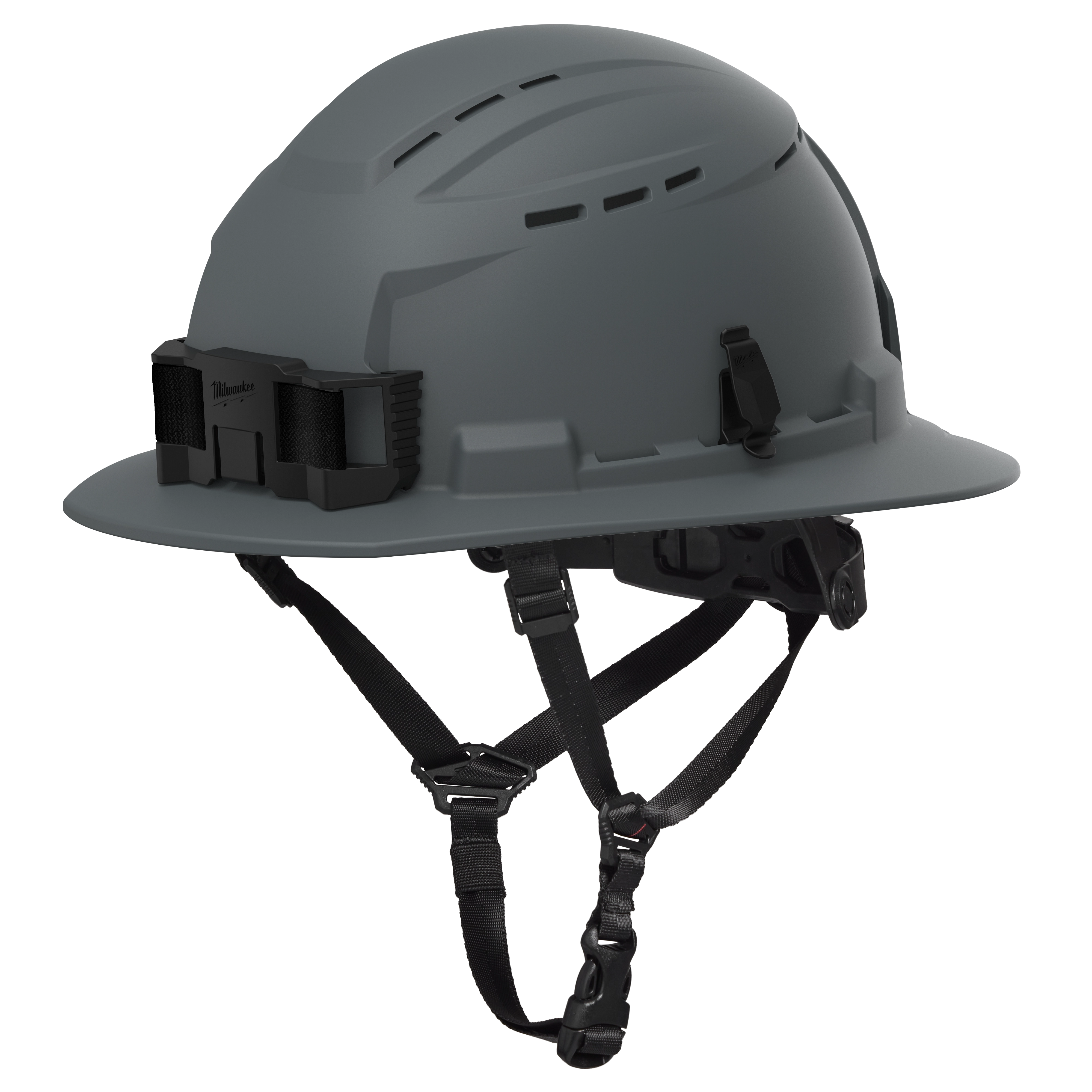 BOLT™ Gray Full Brim Vented Safety Helmet – Type 2, Class C features gray color, full-brim design, vented slots on top, and adjustable straps for a secure fit.