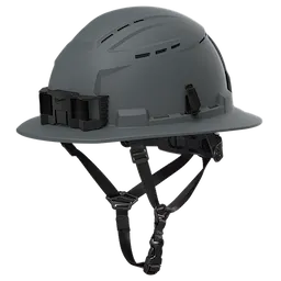 BOLT™ Gray Full Brim Vented Safety Helmet – Type 2, Class C features gray color, full-brim design, vented slots on top, and adjustable straps for a secure fit.