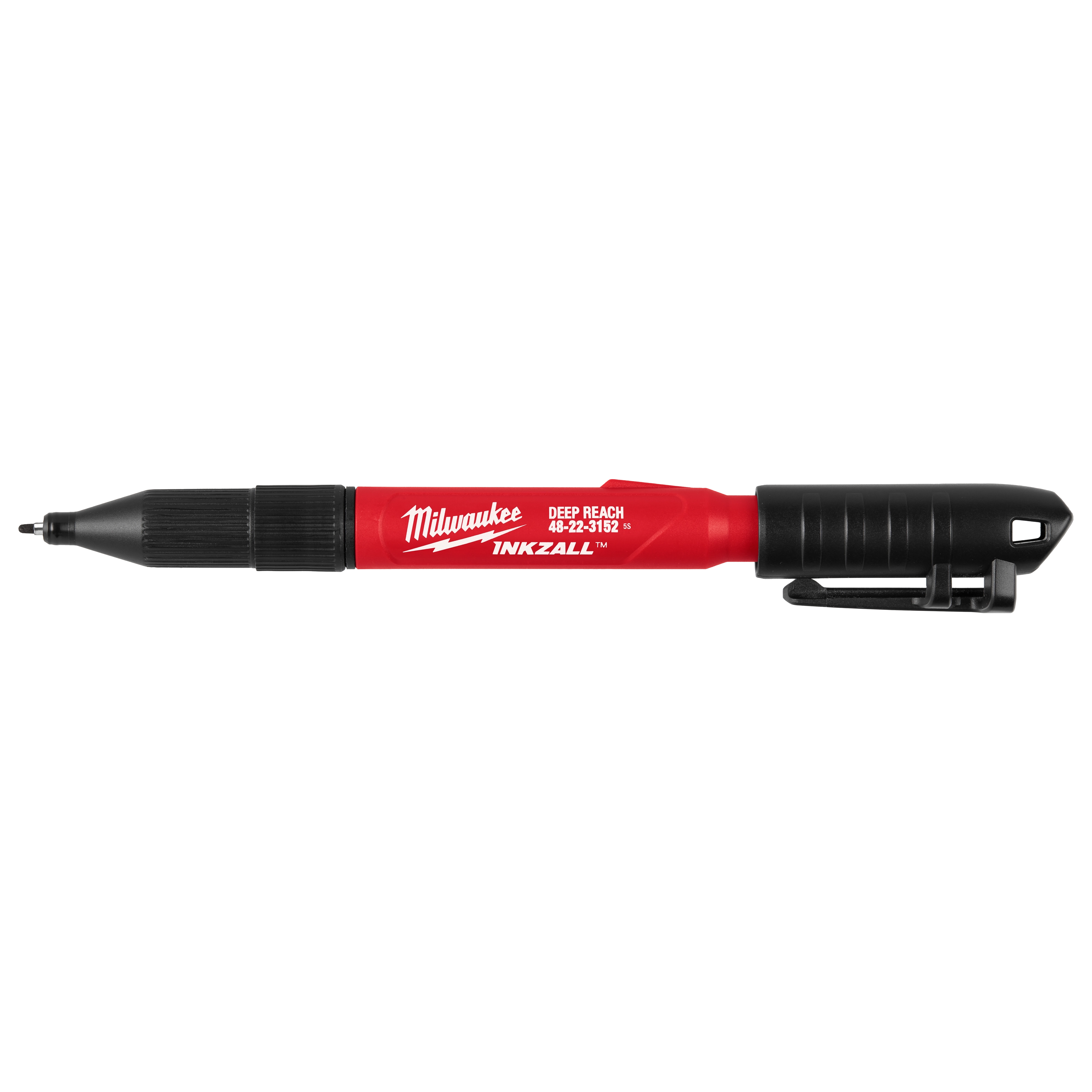 The image features the INKZALL™ 2IN1 Deep Reach Ultra Fine Point Black Jobsite Marker. It has a red body with white text branding and a black cap. The marker includes a pocket clip for easy carrying.