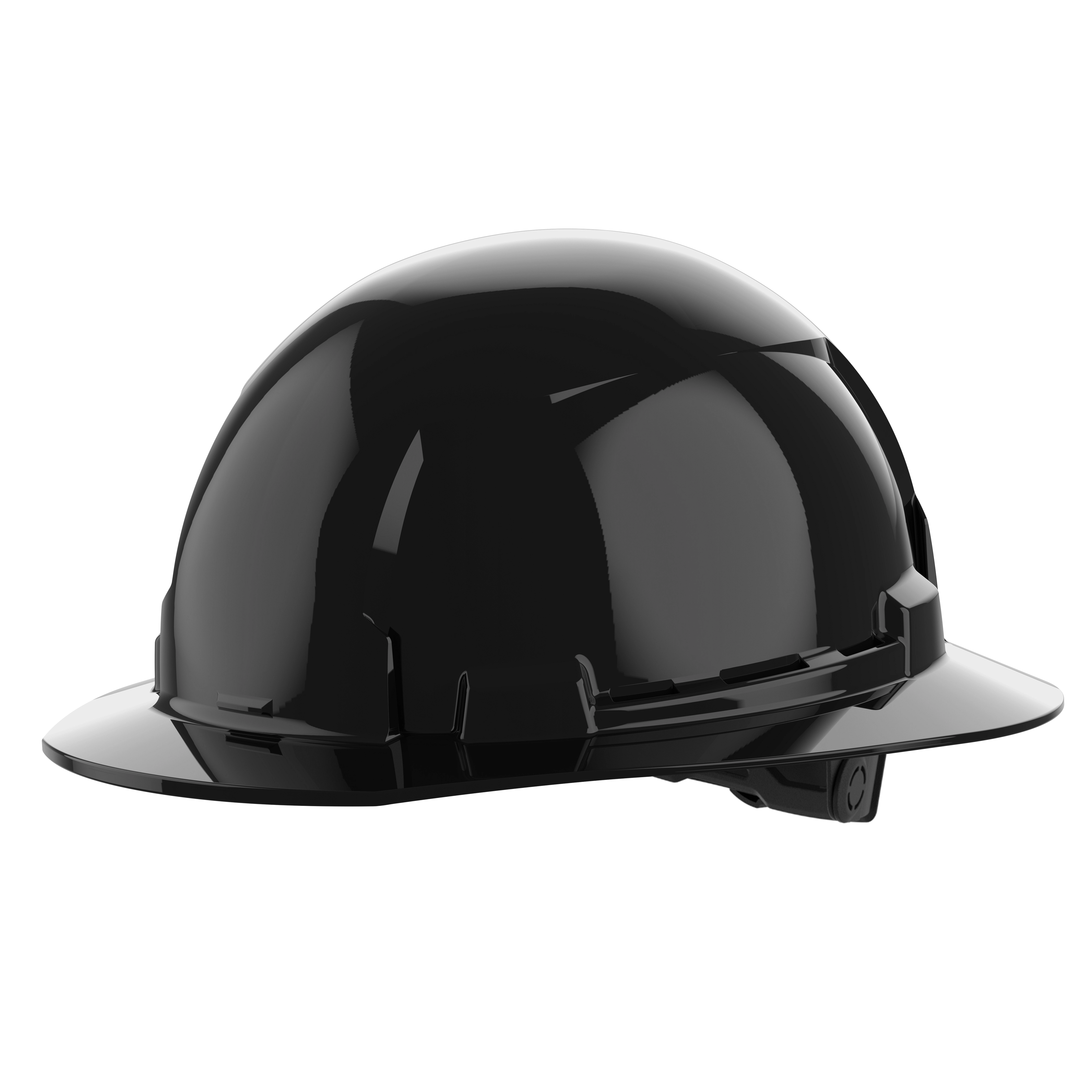 BOLT Black Full Brim Hard Hat w/6pt Ratcheting Suspension (USA) - Type 1, Class E on a plain background