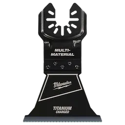 Milwaukee Open-Lok 2-1/2" Titanium Charged Bi-Metal Multi-Material Multi-Tool Blade, featuring a black design with labeled segments.