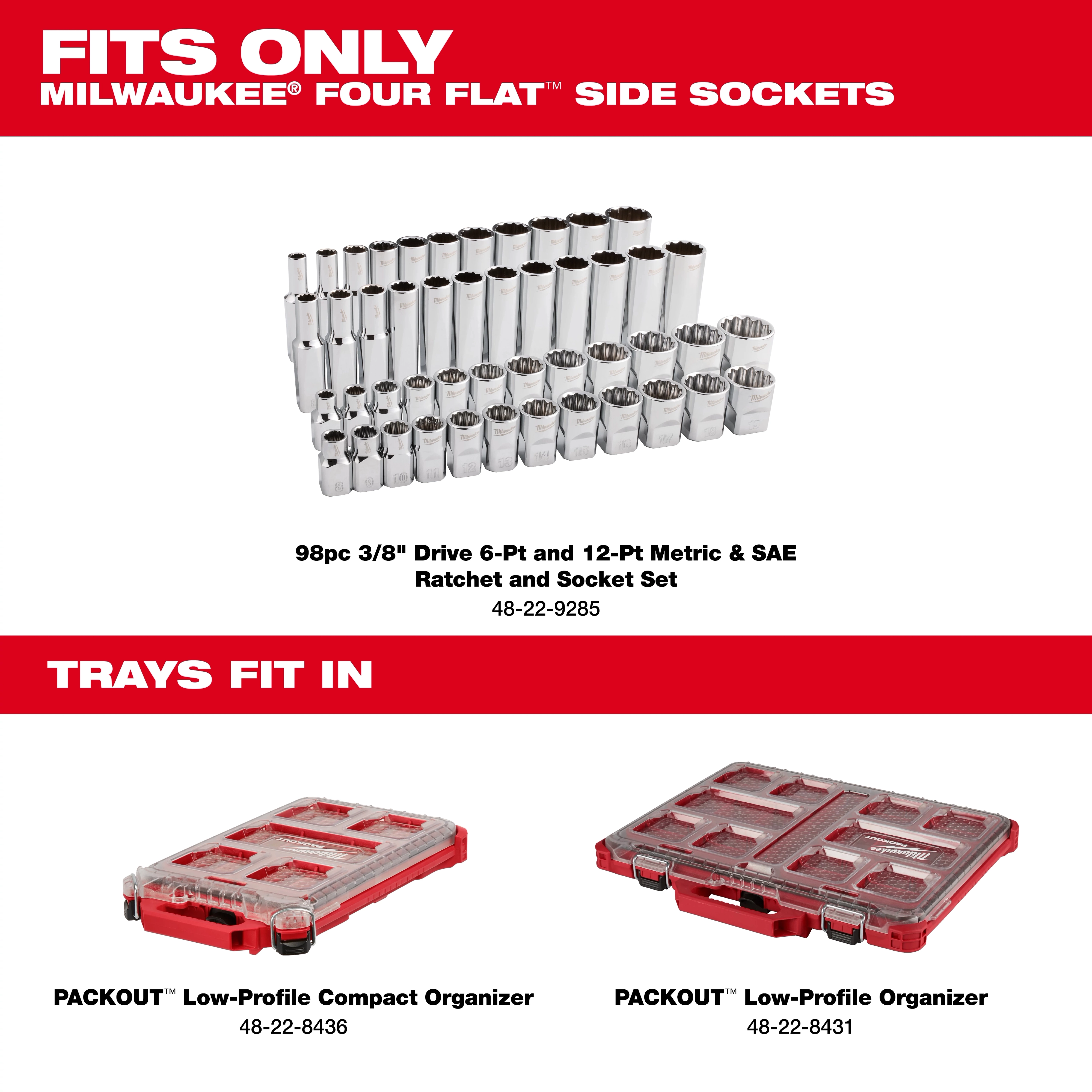 Image showing Milwaukee's 98pc 3/8" 6-Pt and 12-Pt Metric and SAE Ratchet and Socket Set. The set includes various sizes of chrome sockets and fits Milwaukee PACKOUT Low-Profile and Low-Profile Compact Organizers, seen below the sockets in the image.