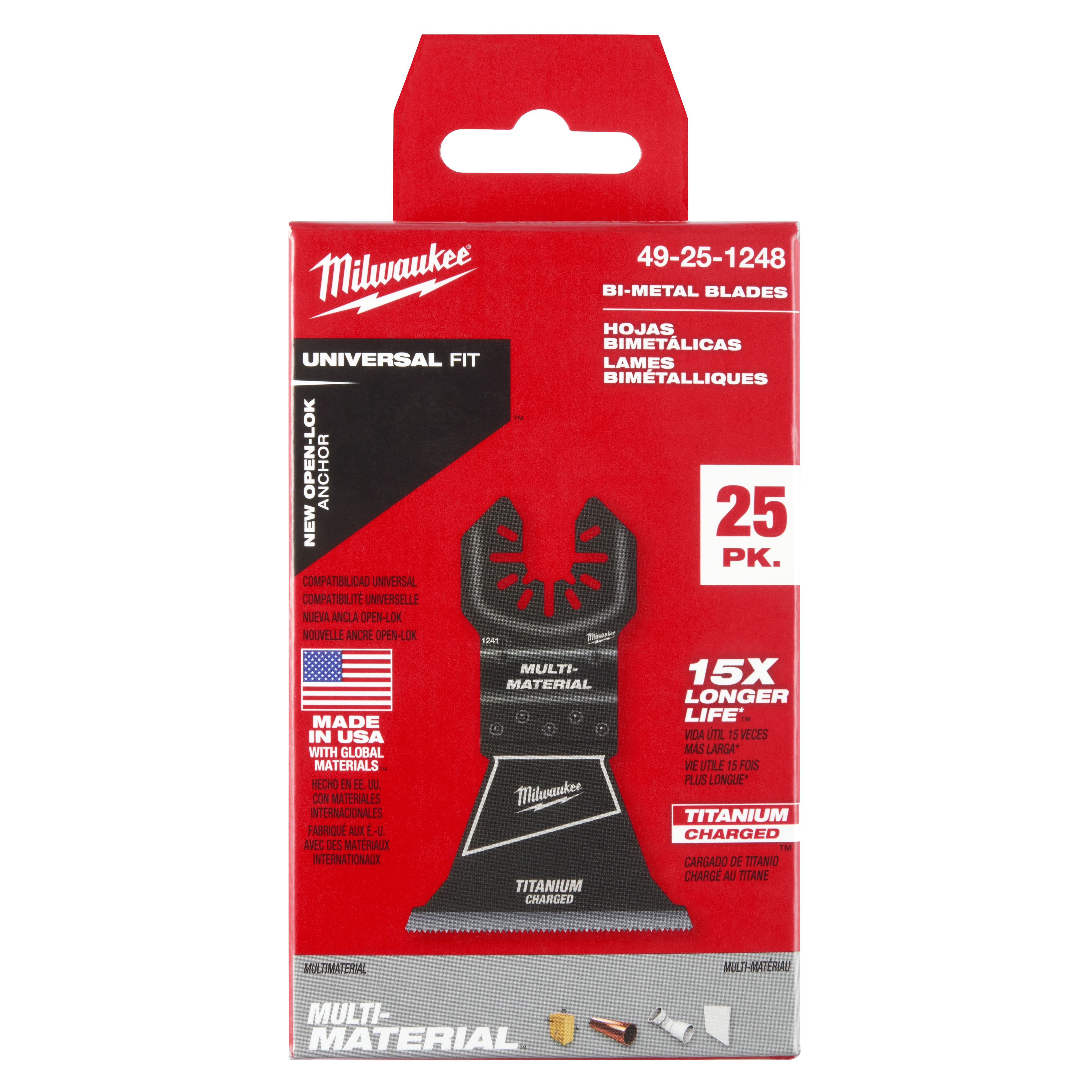 Milwaukee Open-Lok 2-1/2" Titanium Charged Bi-Metal Multi-Material Multi-Tool Blades 25-pack in red and black packaging.