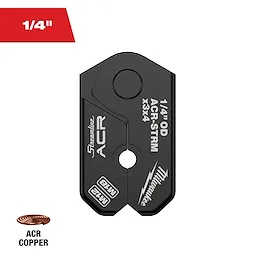 The 1/4" Streamline® ACR Pivoting Press Ring is a black tool attachment for ACR copper pipes. It features the Streamline ACR and Milwaukee logos, and specifications such as 1/4" OD and M12.