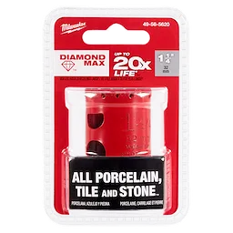 Milwaukee 1-1/4" Diamond Max Hole Saw in packaging. The red hole saw is designed for drilling in porcelain, tile, and stone.