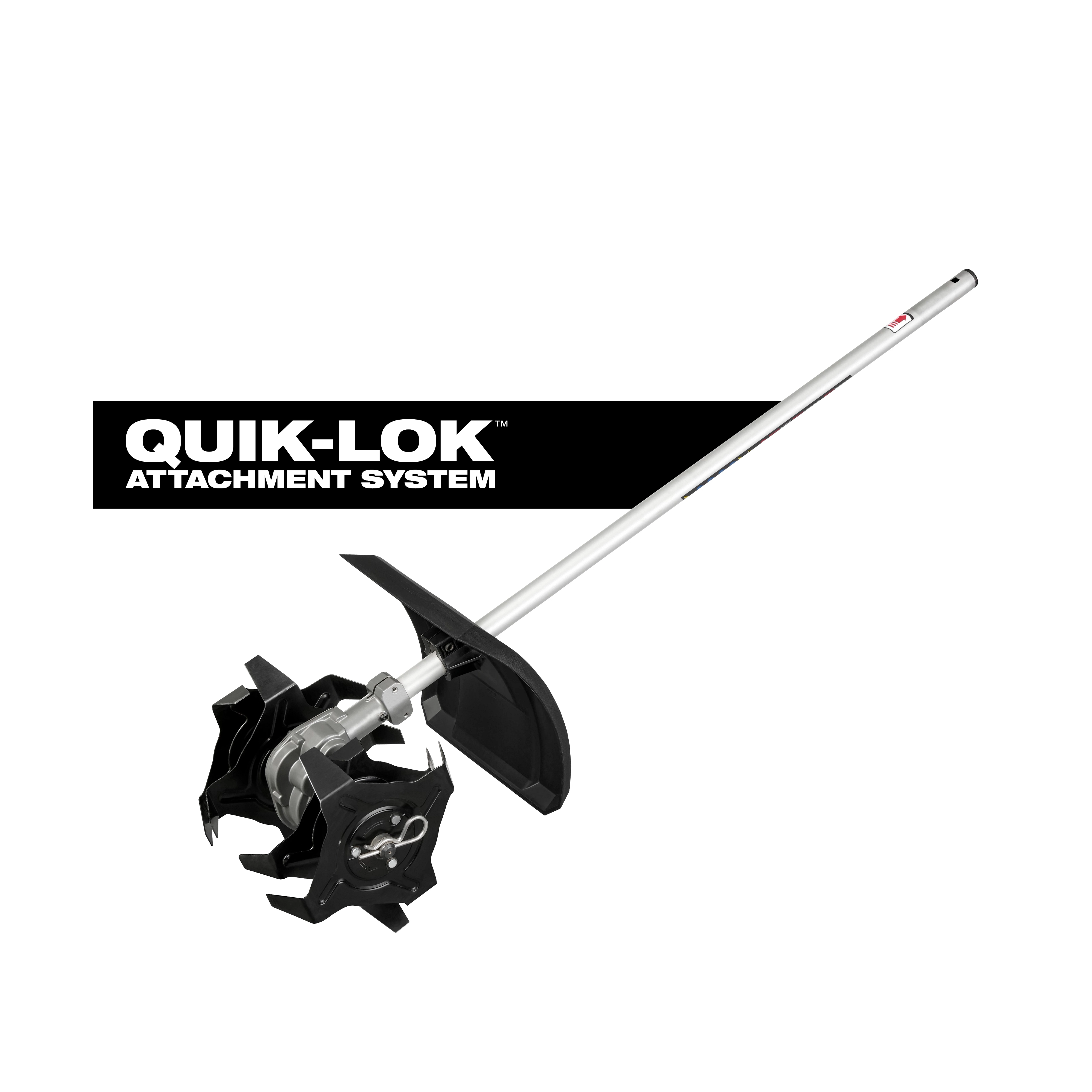 QUIK-LOK Cultivator Attachment with metal shaft and black cultivator head on a white background.