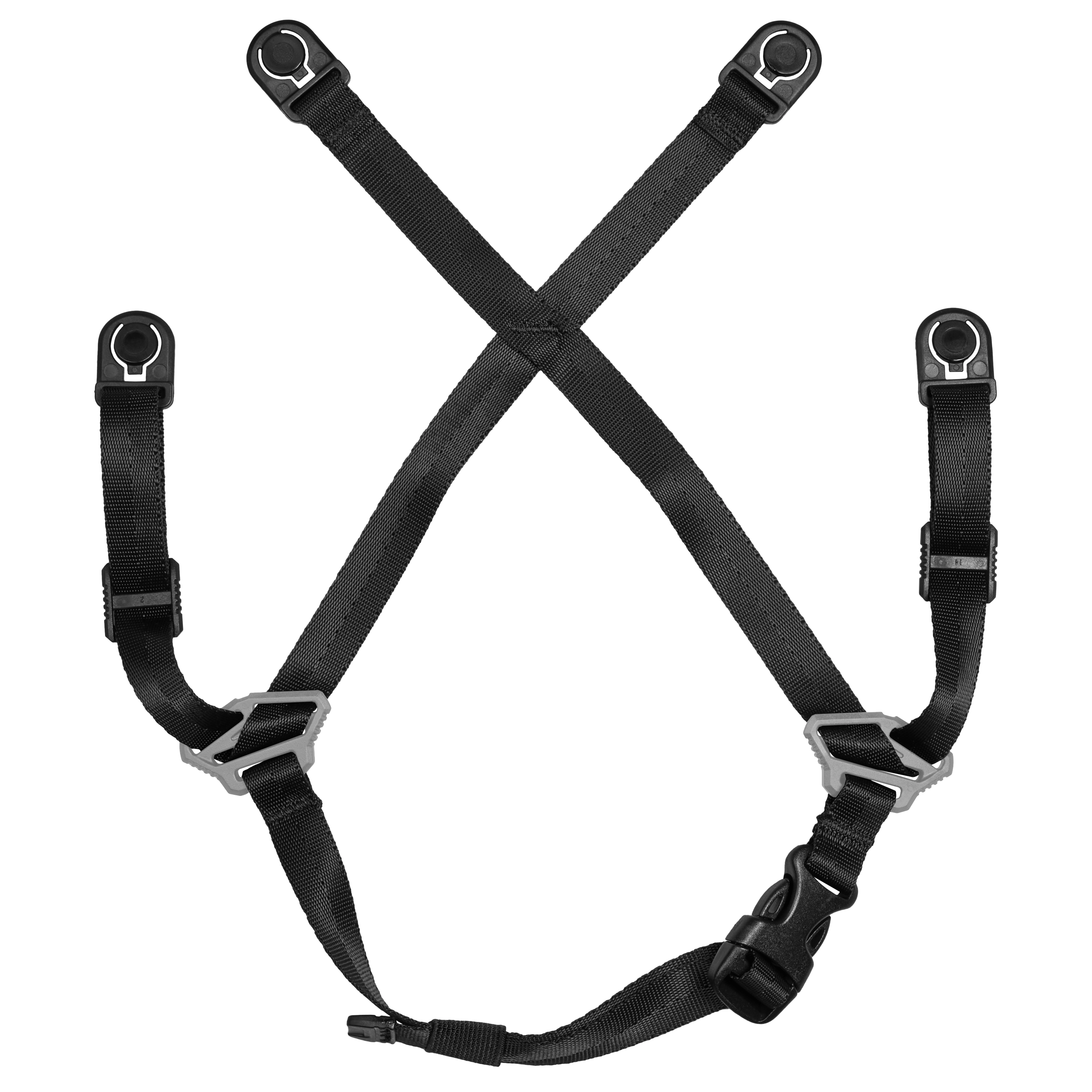 The BOLT™ Safety Helmet FR Chin Strap is a black, four-point chin strap designed for safety helmets. It features adjustable nylon straps and plastic snap fasteners for secure attachment and a snug fit. The strap ensures the helmet remains securely on the user's head during hazardous activities.