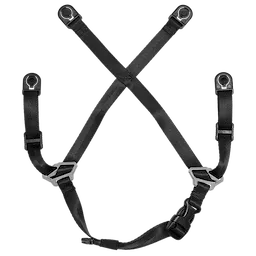 The BOLT™ Safety Helmet FR Chin Strap is a black, four-point chin strap designed for safety helmets. It features adjustable nylon straps and plastic snap fasteners for secure attachment and a snug fit. The strap ensures the helmet remains securely on the user's head during hazardous activities.