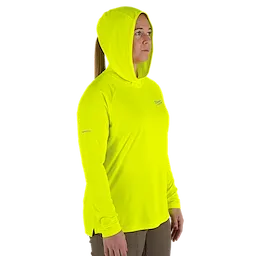 The Women's WORKSKIN Hooded Sun Shirt – Yellow features a bright yellow long-sleeve design with a hood, providing sun protection for outdoor work. The shirt includes moisture-wicking technology and offers a comfortable fit for women.