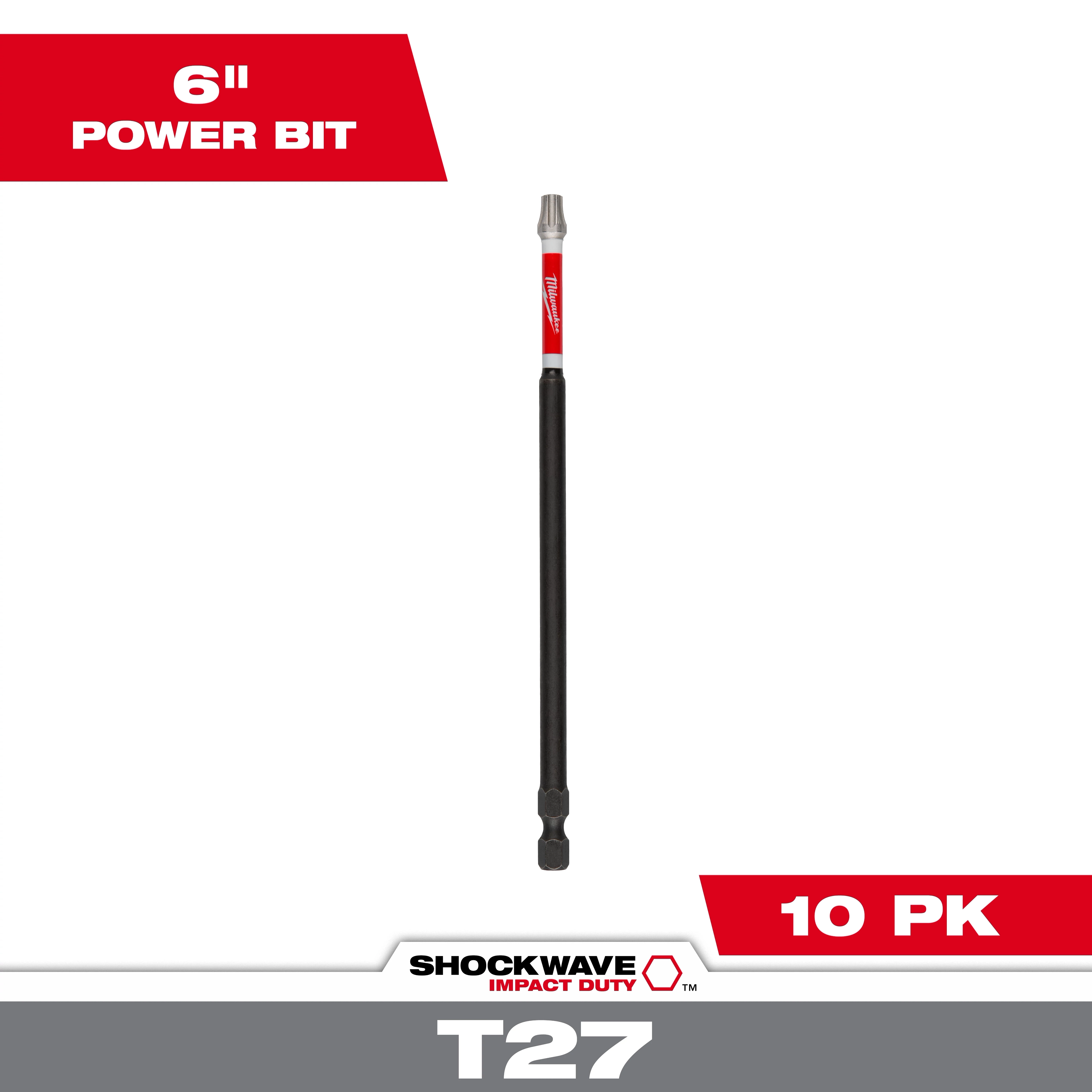 Image of SHOCKWAVE™ 6" Impact Duty TORX® T27 Power Bits (10 Pk). It shows a single black and red power bit with the product name in white text on a red background and "10 PK" in the lower right corner.