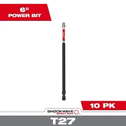 Image of SHOCKWAVE™ 6" Impact Duty TORX® T27 Power Bits (10 Pk). It shows a single black and red power bit with the product name in white text on a red background and "10 PK" in the lower right corner.