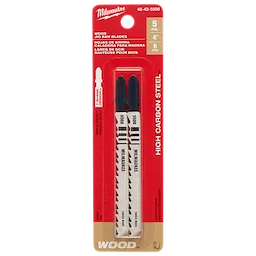 4" 6TPI T-Shank Wood High Carbon Steel Jig Saw Blades 5PK in red and clear packaging, labeled for wood cutting.