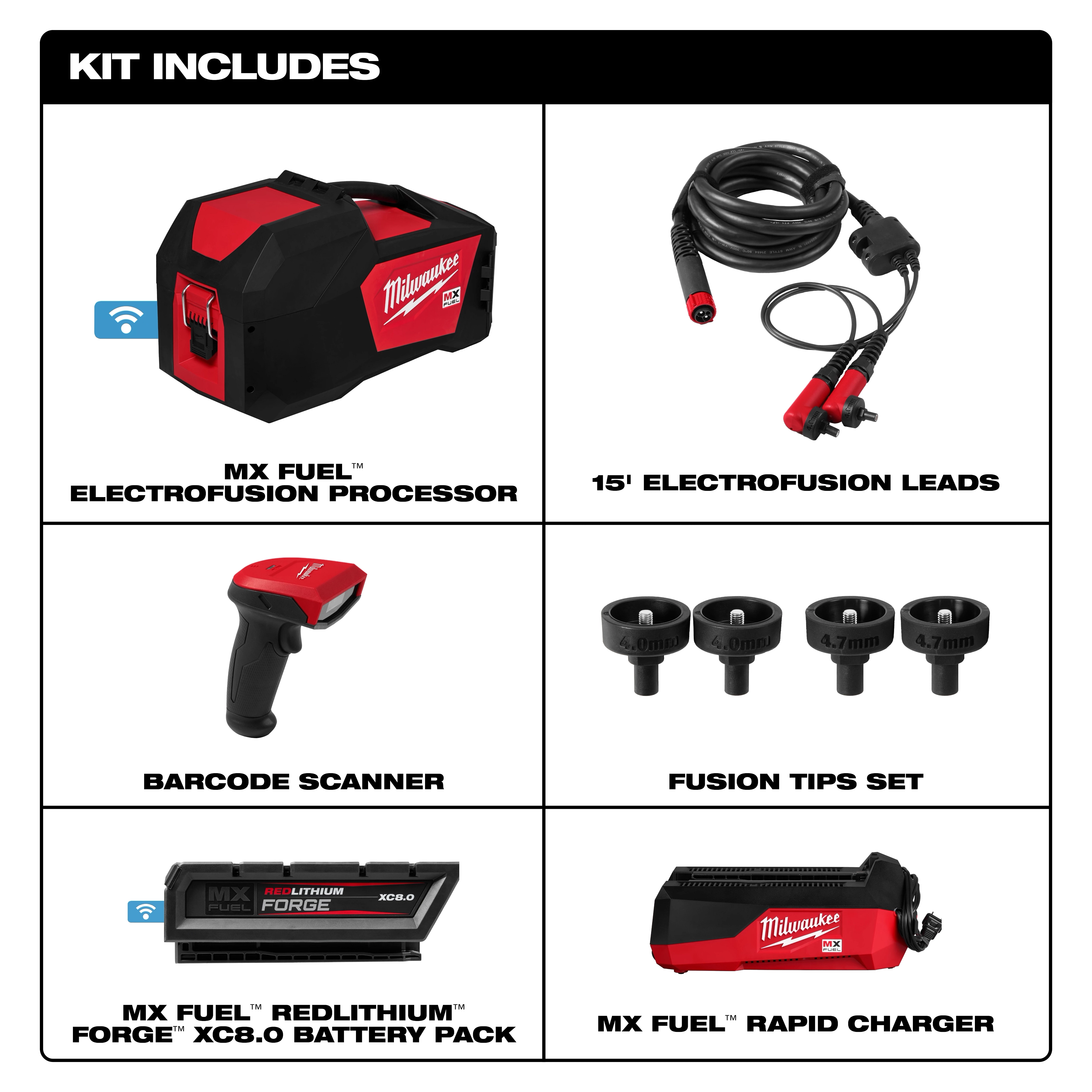The MX FUEL™ Electrofusion Processor kit includes the processor device, 15' electrofusion leads, a barcode scanner, a set of fusion tips, an MX FUEL™ REDLITHIUM™ FORGE™ XC8.0 battery pack, and an MX FUEL™ rapid charger. Each item is displayed individually with labels.