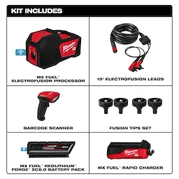 The MX FUEL™ Electrofusion Processor kit includes the processor device, 15' electrofusion leads, a barcode scanner, a set of fusion tips, an MX FUEL™ REDLITHIUM™ FORGE™ XC8.0 battery pack, and an MX FUEL™ rapid charger. Each item is displayed individually with labels.