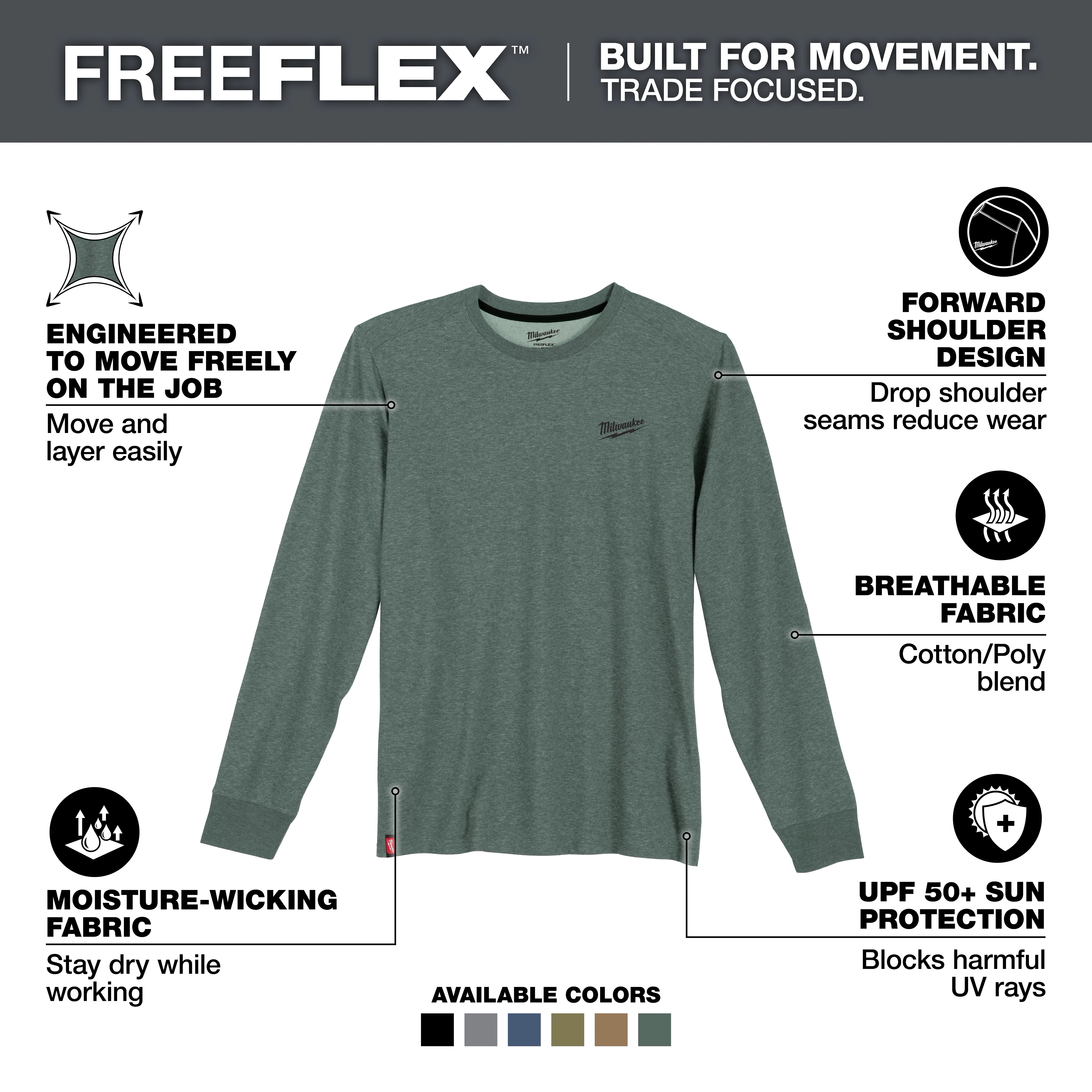 FREEFLEX Hybrid Work Tee - Long Sleeve is a green shirt with moisture-wicking fabric, breathable cotton/poly blend, UPF 50+ sun protection, forward shoulder design, and available in several colors.