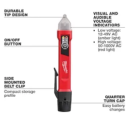 Dual Range Voltage Detector with durable tip, visual and audible voltage indicators, on/off button, side belt clip, and quarter-turn cap.