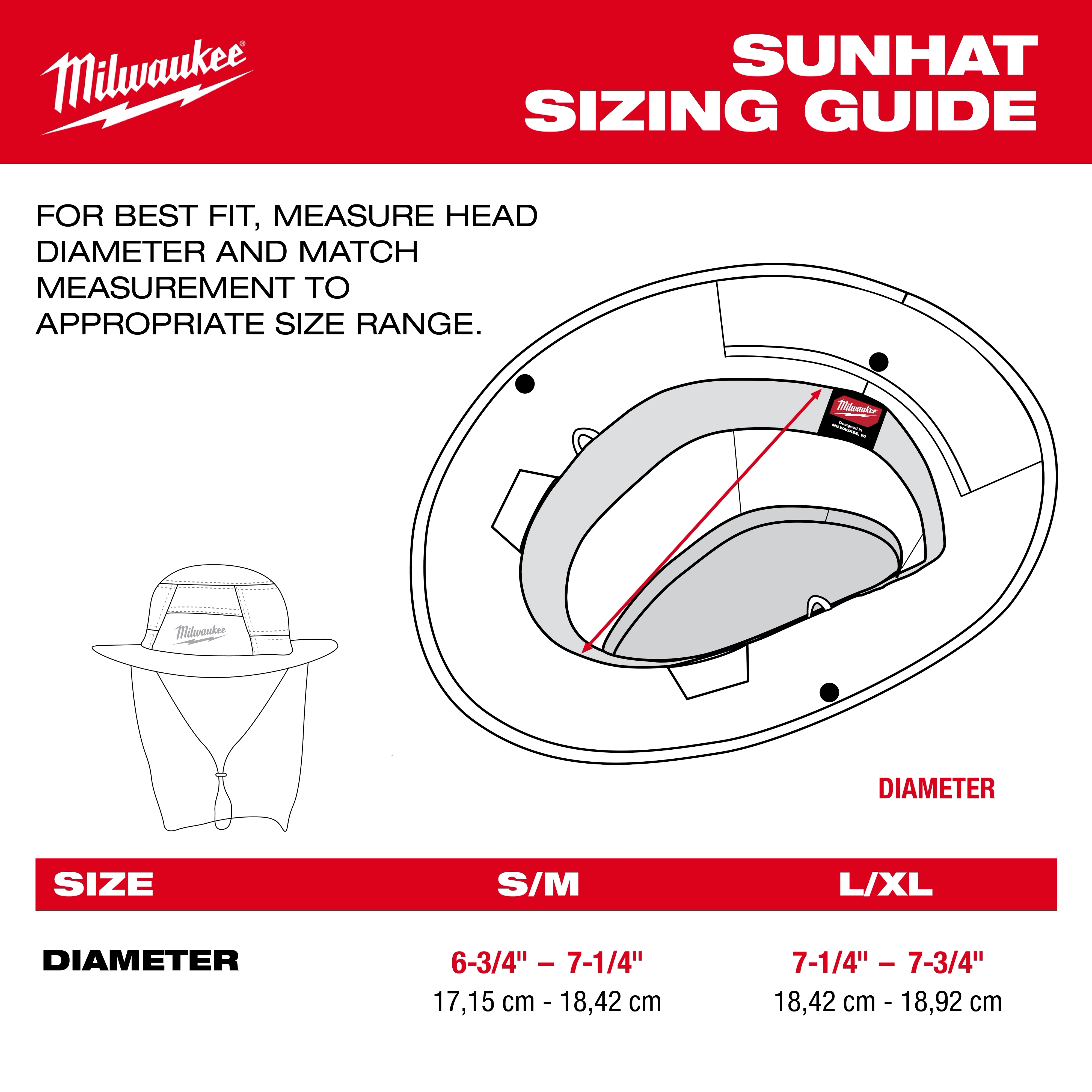 WORKSKIN Sunshade Hat sizing guide with head diameter measurements in inches and centimeters for S/M and L/XL sizes.