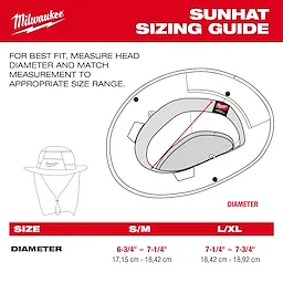WORKSKIN Sunshade Hat sizing guide with head diameter measurements in inches and centimeters for S/M and L/XL sizes.