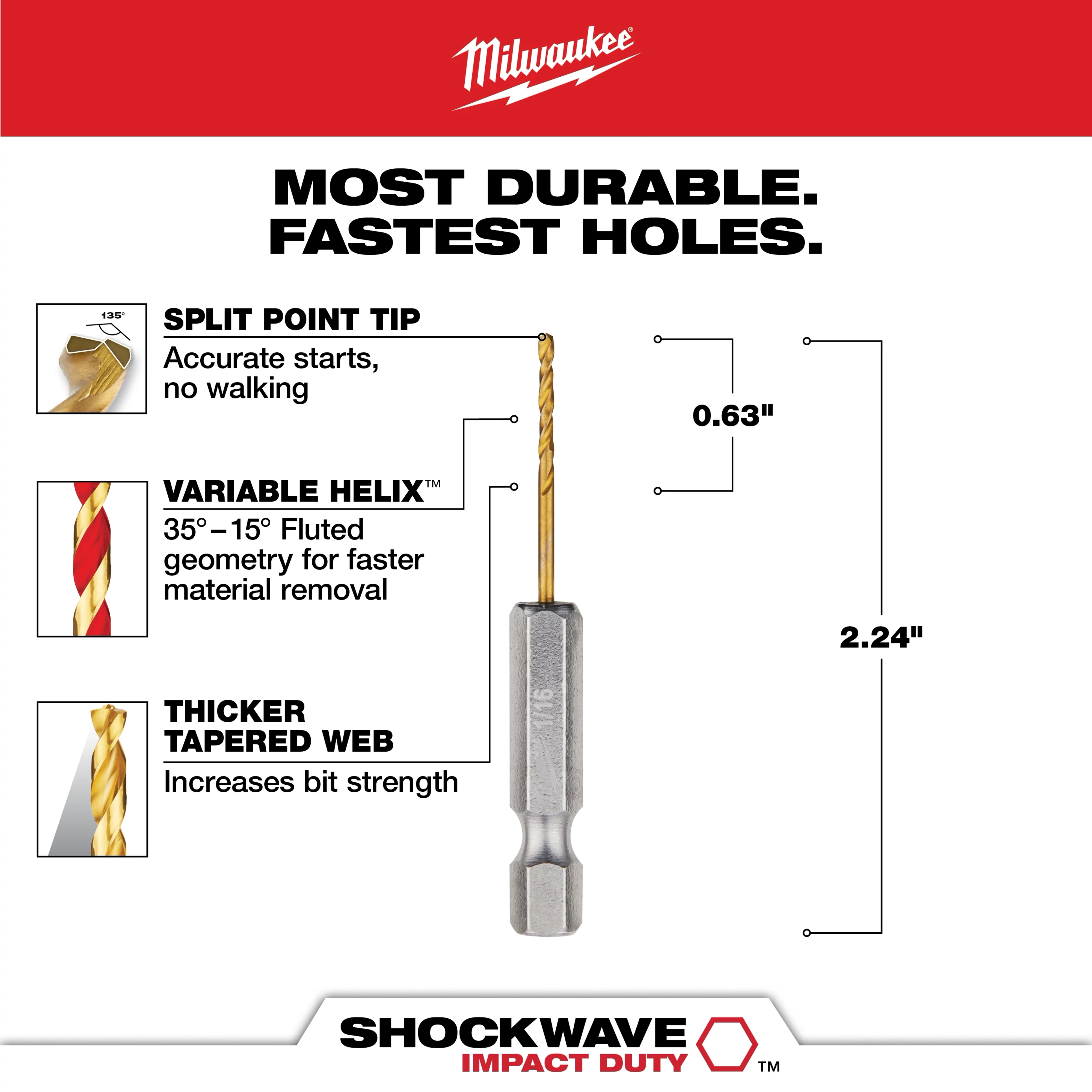 The SHOCKWAVE 1/16 in. Titanium Twist Drill Bit features a split point tip for accurate starts, a variable helix for faster material removal, and a thicker tapered web for increased bit strength. The bit measures 0.63 inches in width and 2.24 inches in length.