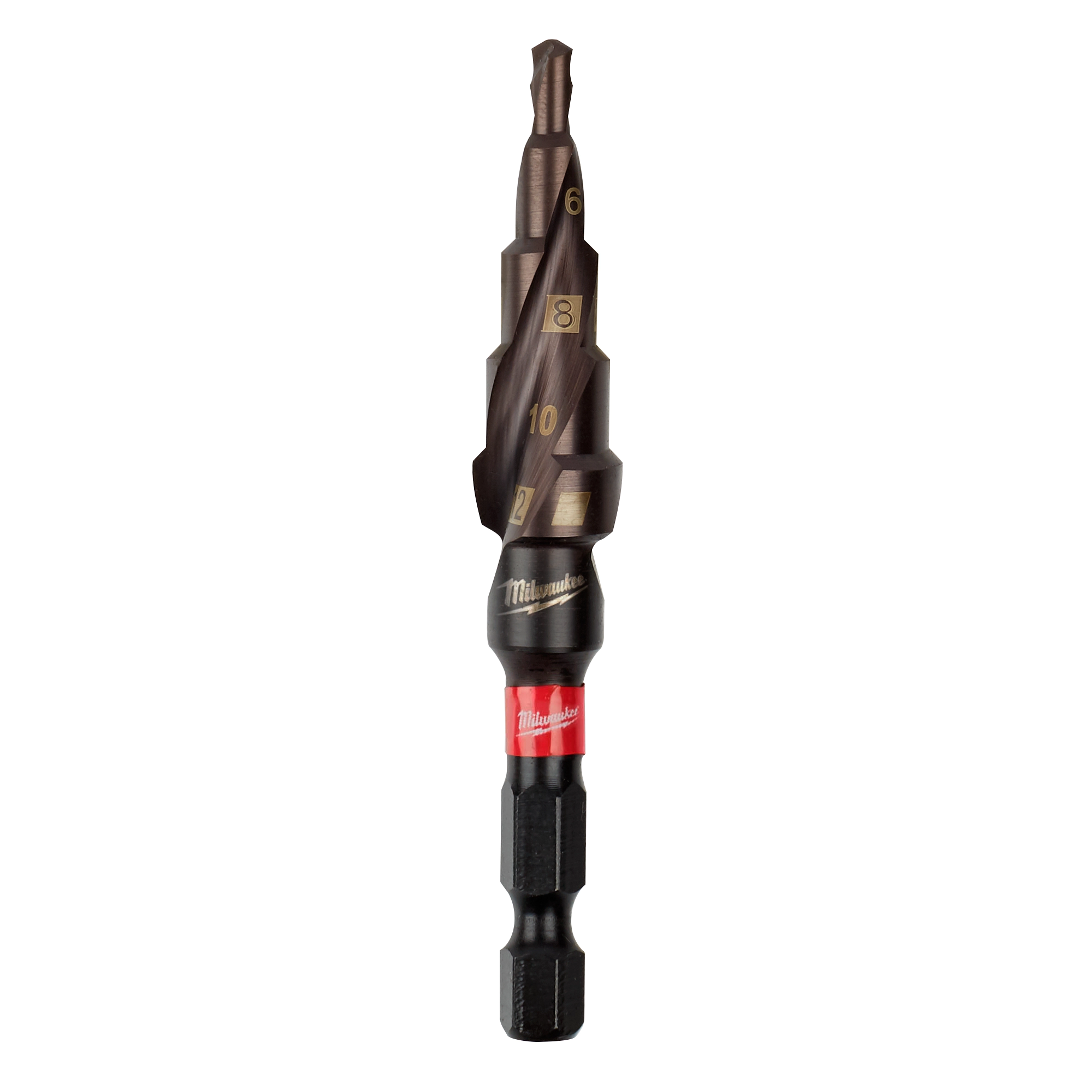 SHOCKWAVE Impact Duty Metric Step Bit 4-12mm, 5 Hole, features multiple stepped sections for versatile drilling in various materials.
