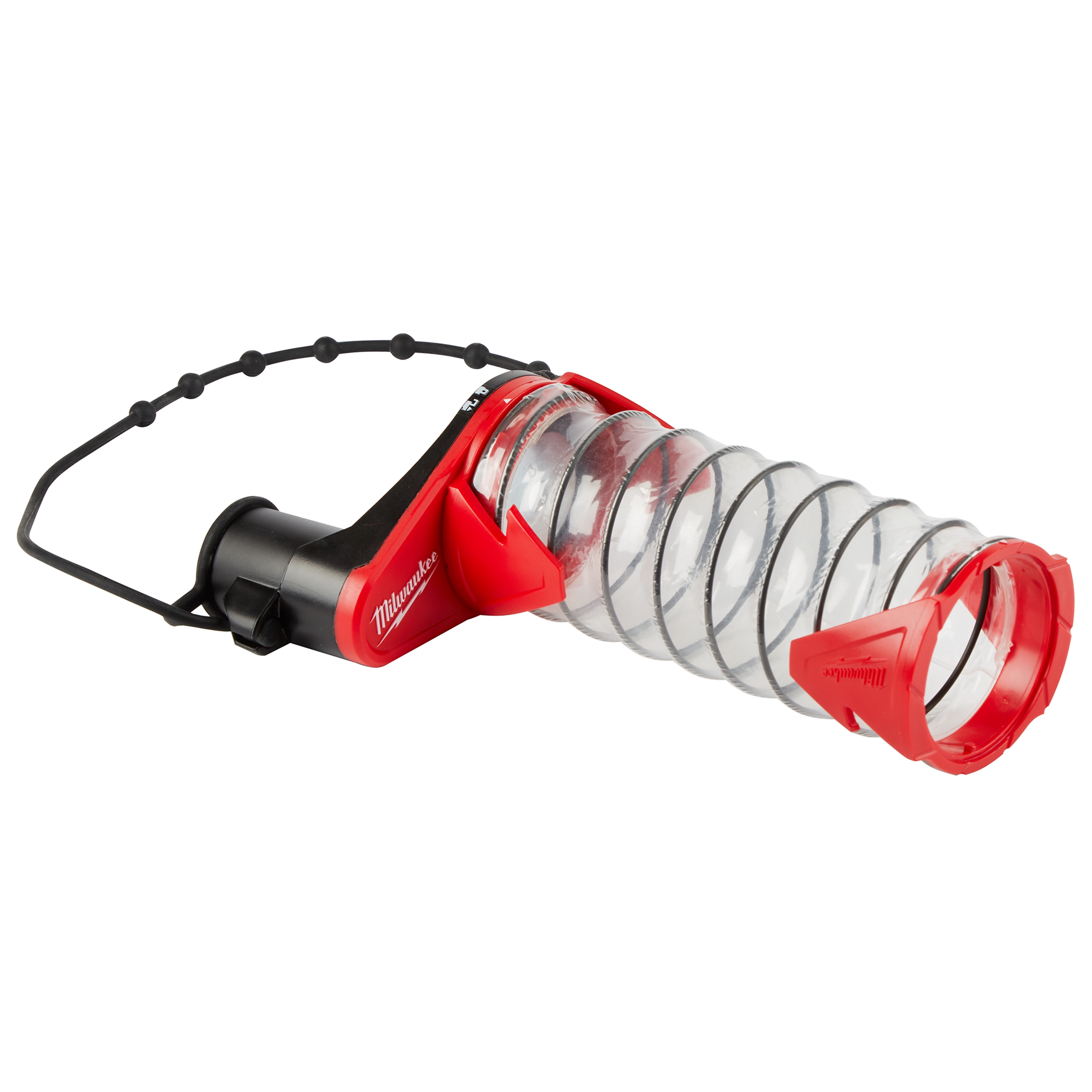 SDS Plus DUST TRAP Drilling Shroud with a clear spiral tube, red accents, and black attachment strap for controlling dust during drilling.