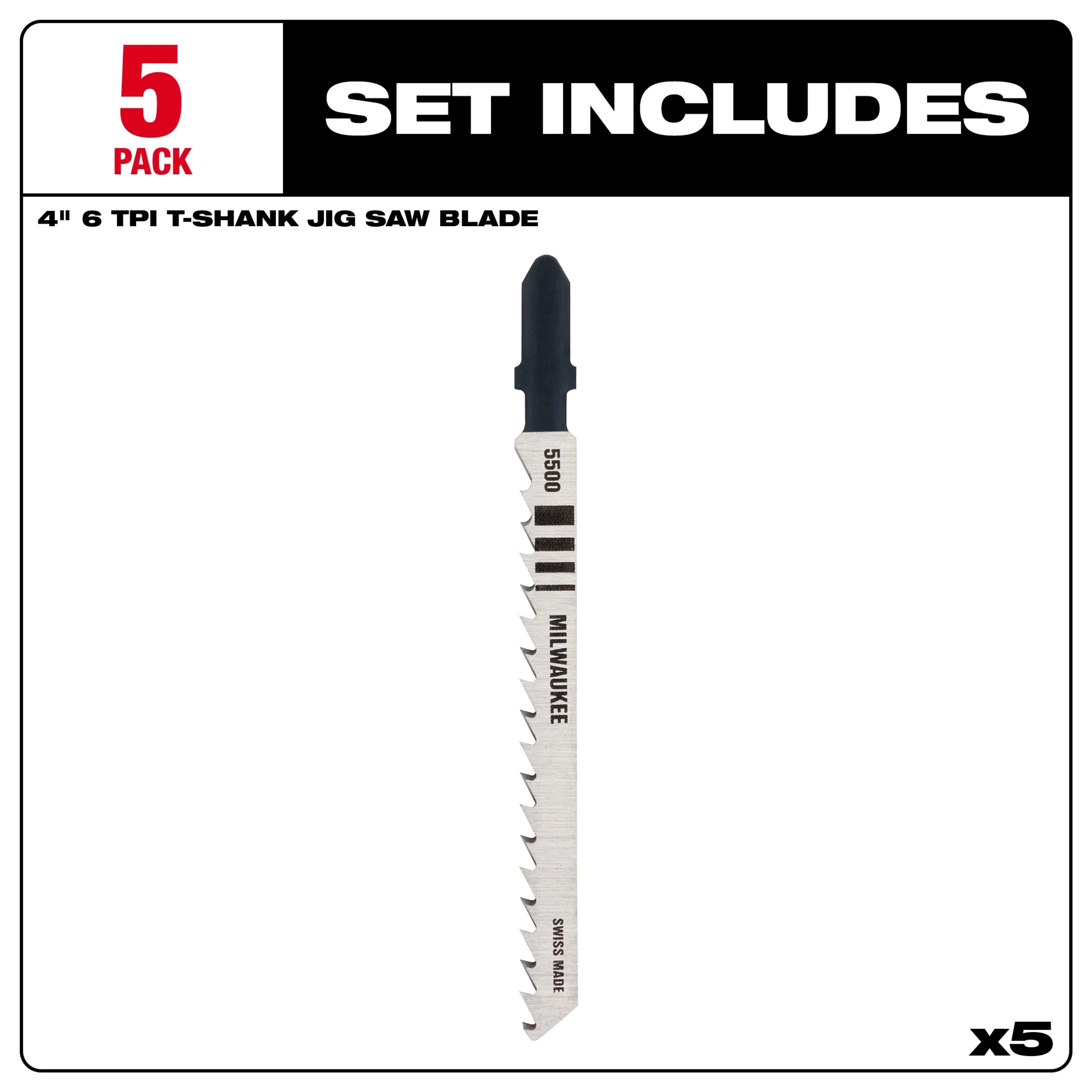 4" 6TPI T-Shank Wood High Carbon Steel Jig Saw Blades Set, 5 pack, displayed individually with specifications.