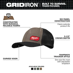 GRIDIRON Snapback Trucker Hat with curved visor, six panel construction, and adjustable snapback closure.