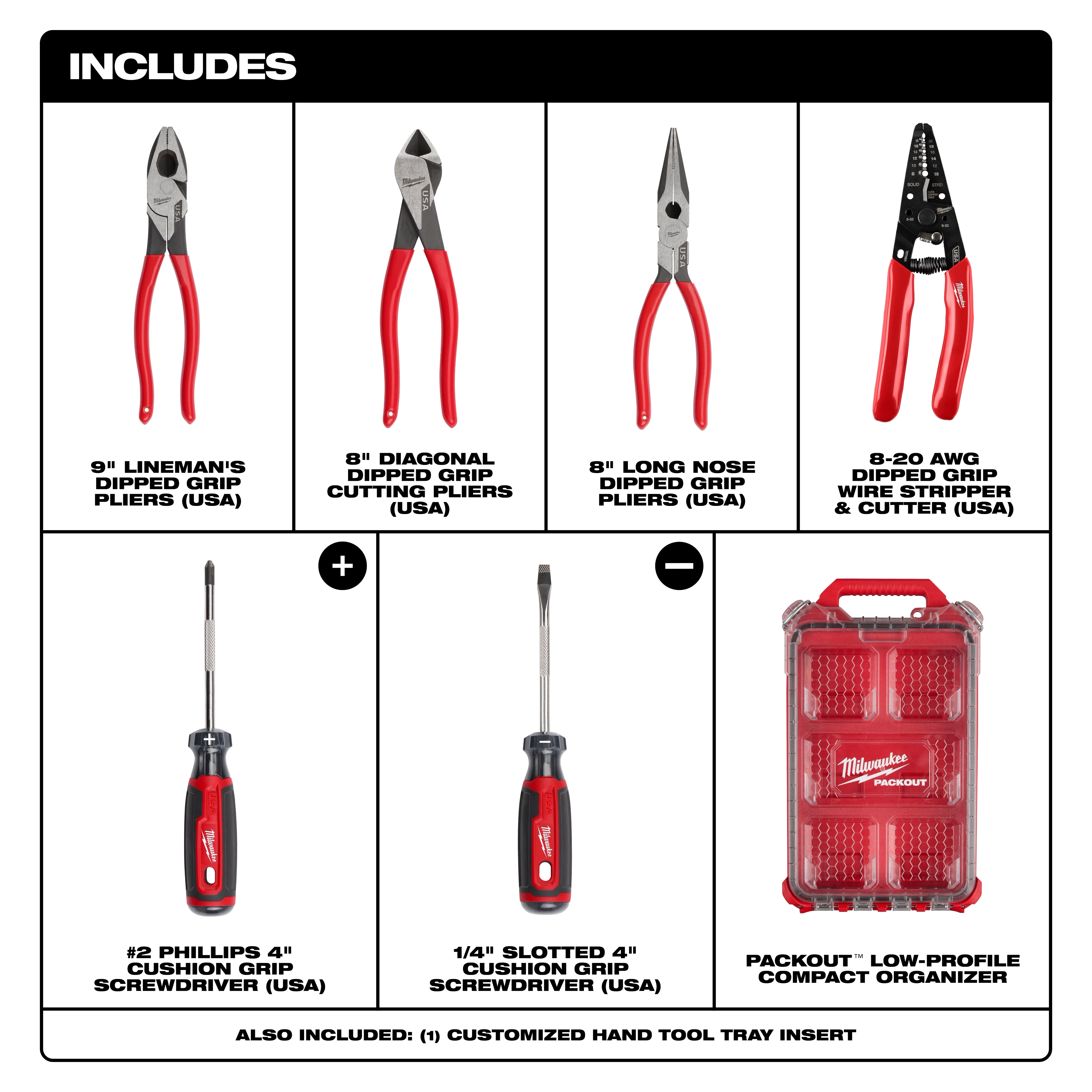 MT500-6P hand tool set with pliers, screwdrivers, wire stripper, and red compact organizer case.