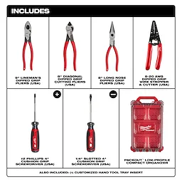 MT500-6P hand tool set with pliers, screwdrivers, wire stripper, and red compact organizer case.