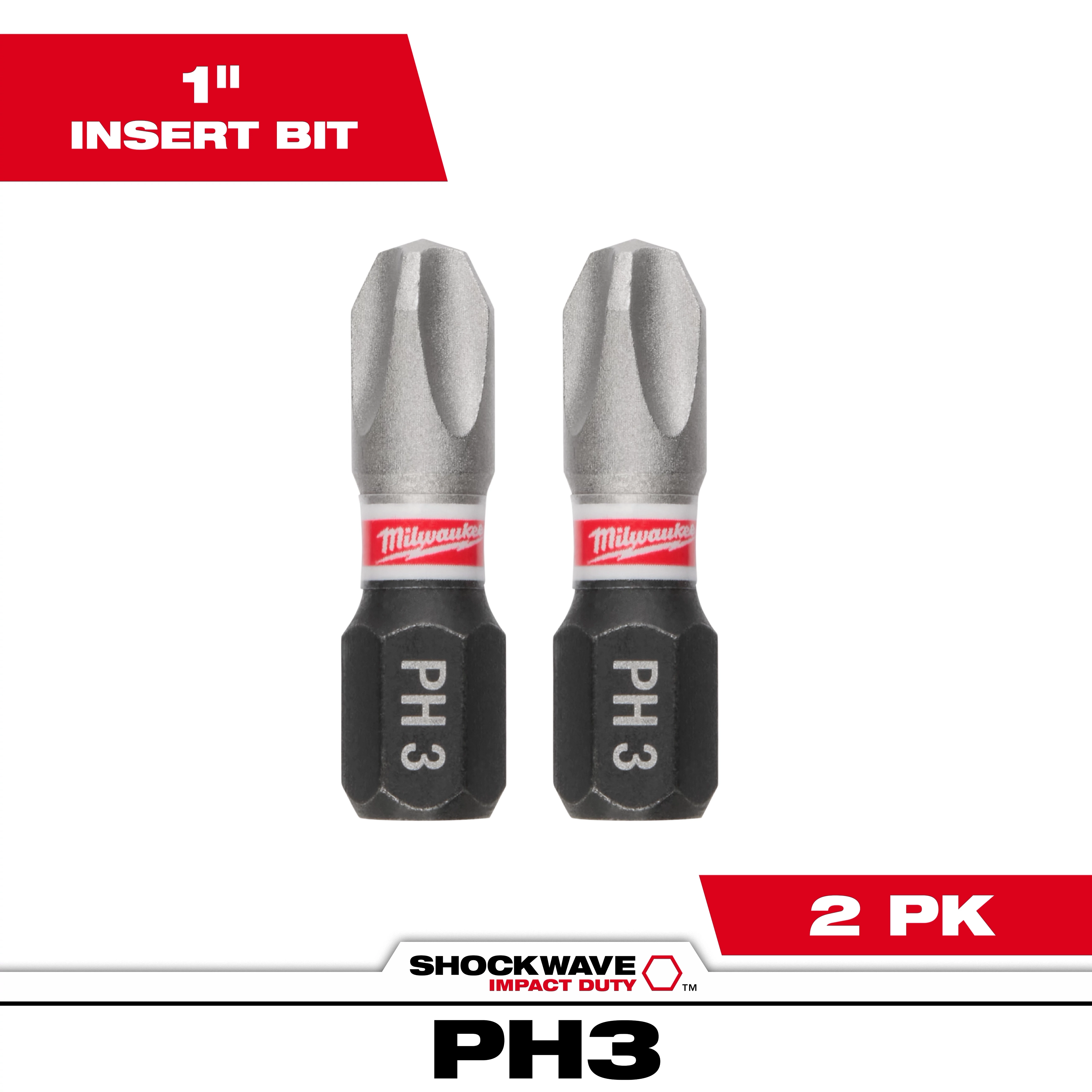 The image shows two SHOCKWAVE™ 1" Impact Duty Phillips #3 Insert Bits (2 PK). These bits are designed for heavy-duty use and are labeled with "PH 3" and the Milwaukee logo. The packaging indicates that the product comes in a pack of two.