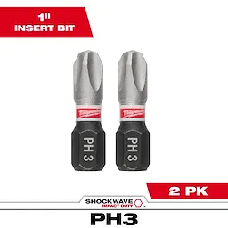 The image shows two SHOCKWAVE™ 1" Impact Duty Phillips #3 Insert Bits (2 PK). These bits are designed for heavy-duty use and are labeled with "PH 3" and the Milwaukee logo. The packaging indicates that the product comes in a pack of two.
