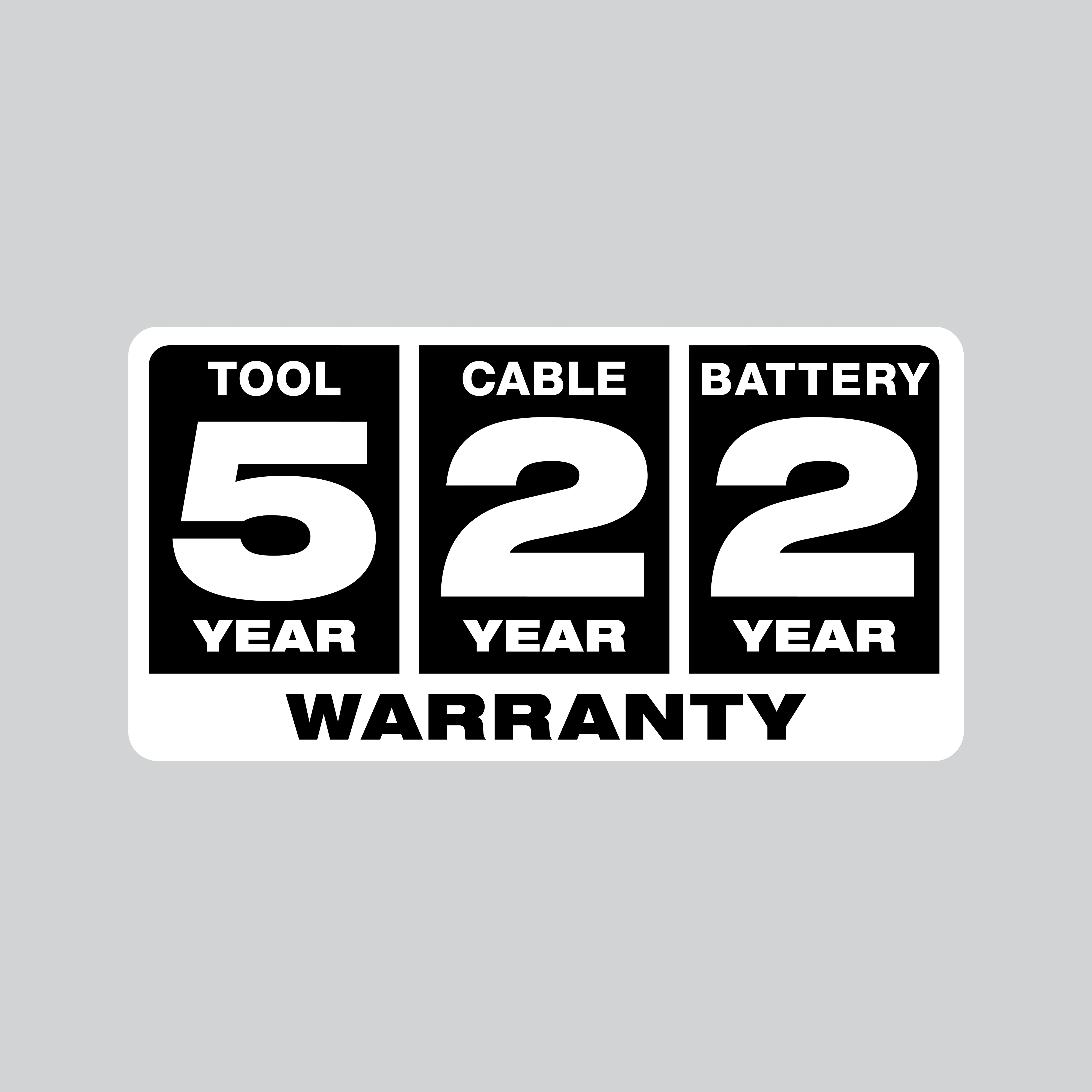 The 5 Year Tool, 2 Year Cable, 2 Year Battery Warranty sign is black and white with bold text indicating coverage durations for tools, cables, and batteries. It features three sections with individual warranties stacked above the word "WARRANTY" at the bottom.