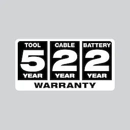The 5 Year Tool, 2 Year Cable, 2 Year Battery Warranty sign is black and white with bold text indicating coverage durations for tools, cables, and batteries. It features three sections with individual warranties stacked above the word "WARRANTY" at the bottom.