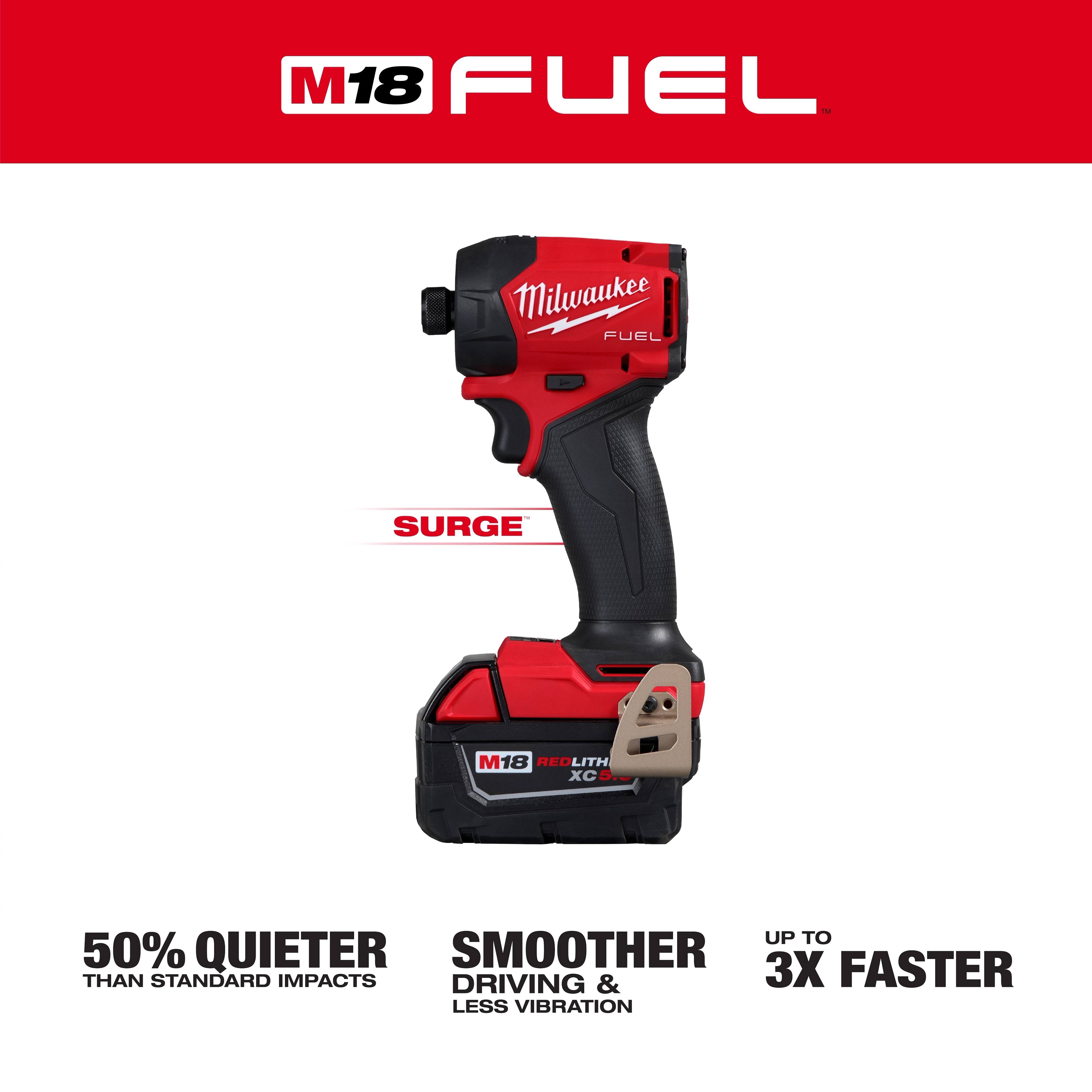 The M18 FUEL™ SURGE™ 1/4" Hex Hydraulic Driver is displayed with key features: 50% quieter than standard impacts, smoother driving with less vibration, and up to three times faster performance. The tool has a red and black design with an M18 REDLITHIUM™ XC battery attached.