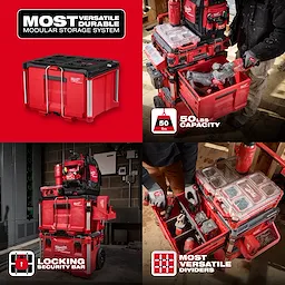 PACKOUT Single Drawer Tool Box stacked on a rolling cart and filled with organized tools and accessories.