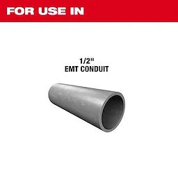 Image of a metal cylinder labeled "1/2" EMT Conduit" with text above reading "FOR USE IN." This image is for 1/2” EMT Conduit Bending Shoe. The background is white with a red header.