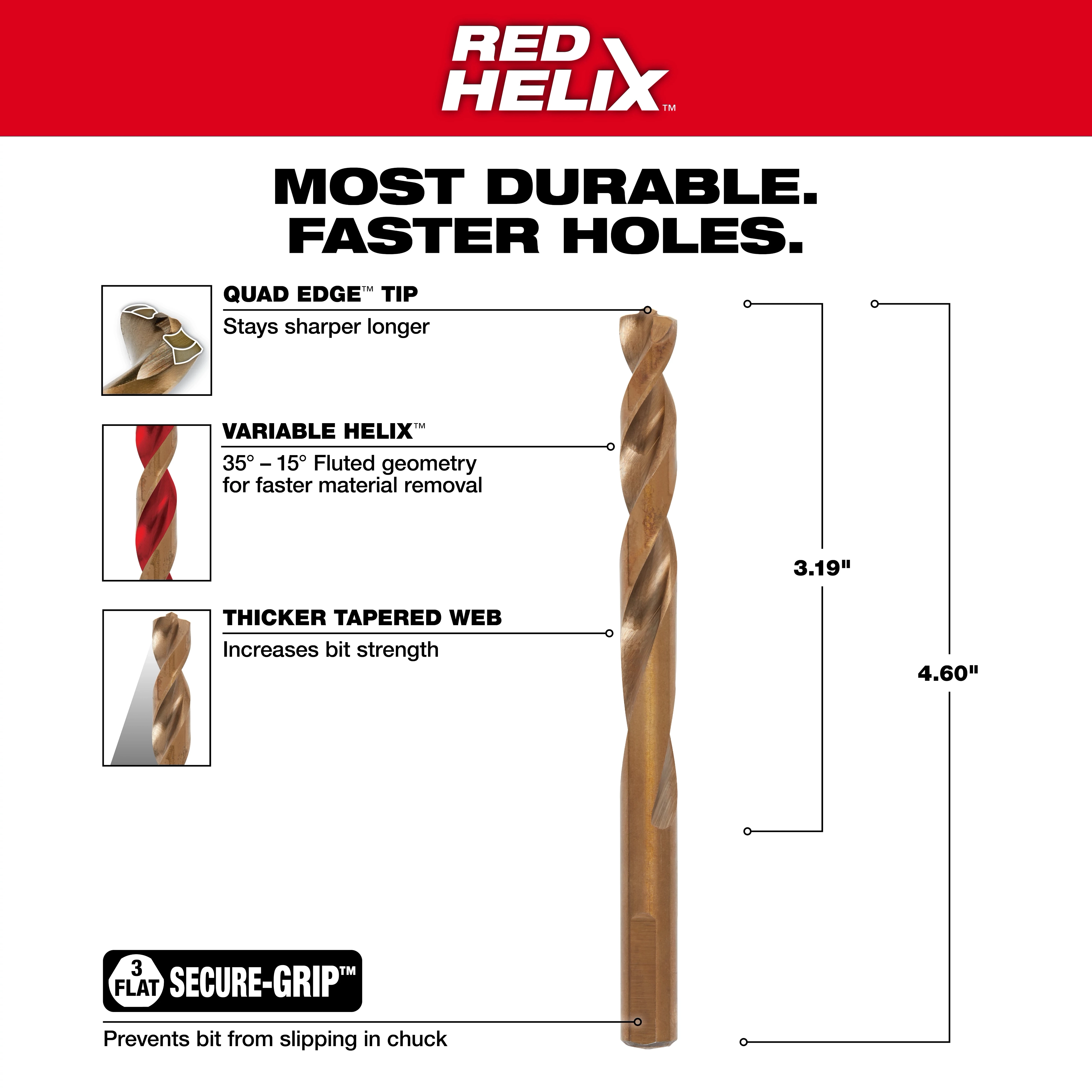 48-89-2320 Walkaround drill bit with quad edge tip, variable helix for faster material removal, thicker tapered web, and secure-grip.