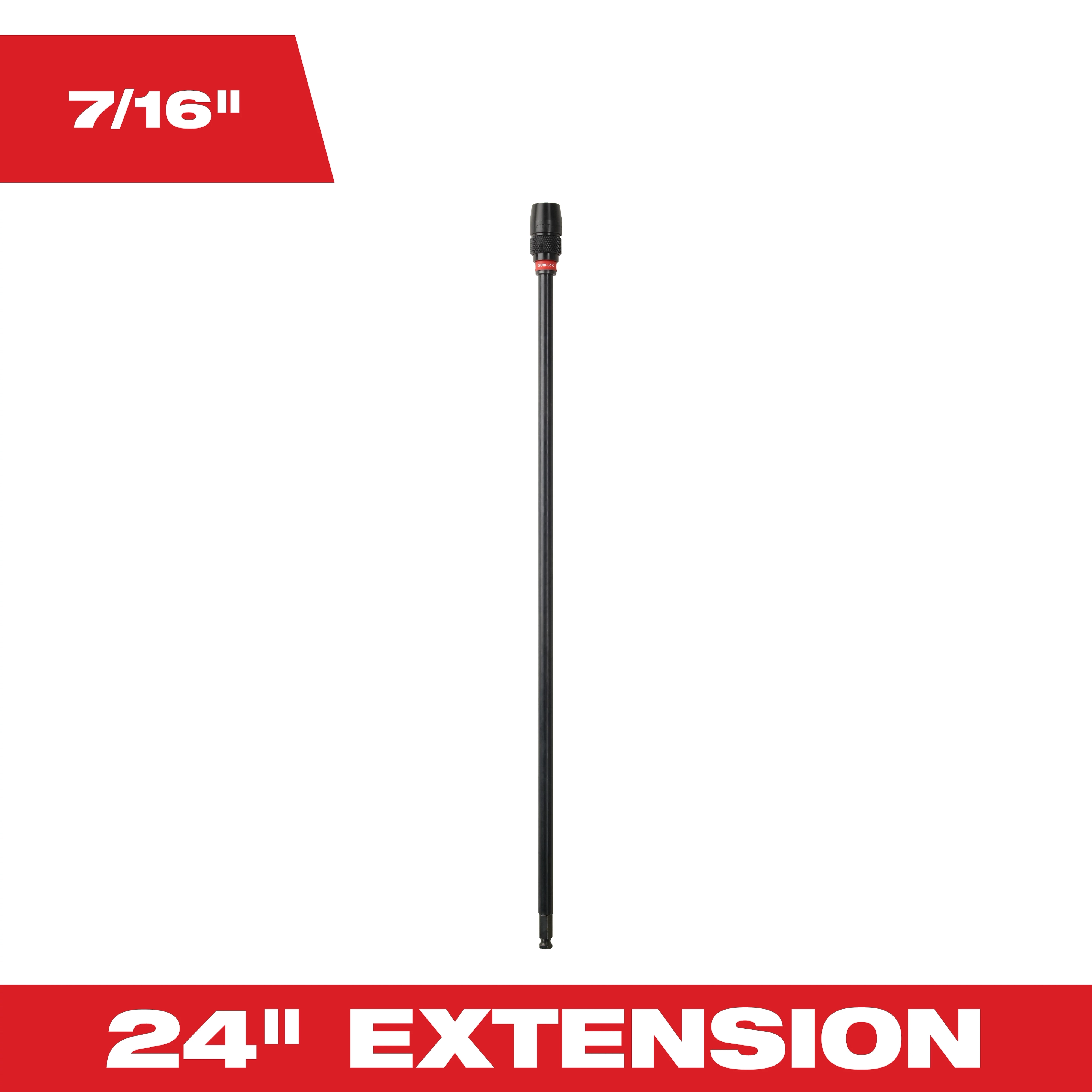 Milwaukee 7/16" x 24" Extension is a long, black extension rod. The text "7/16" and "24" Extension" are shown in red banners on the top-left and bottom of the image, respectively. The rod features a red connector near one end.